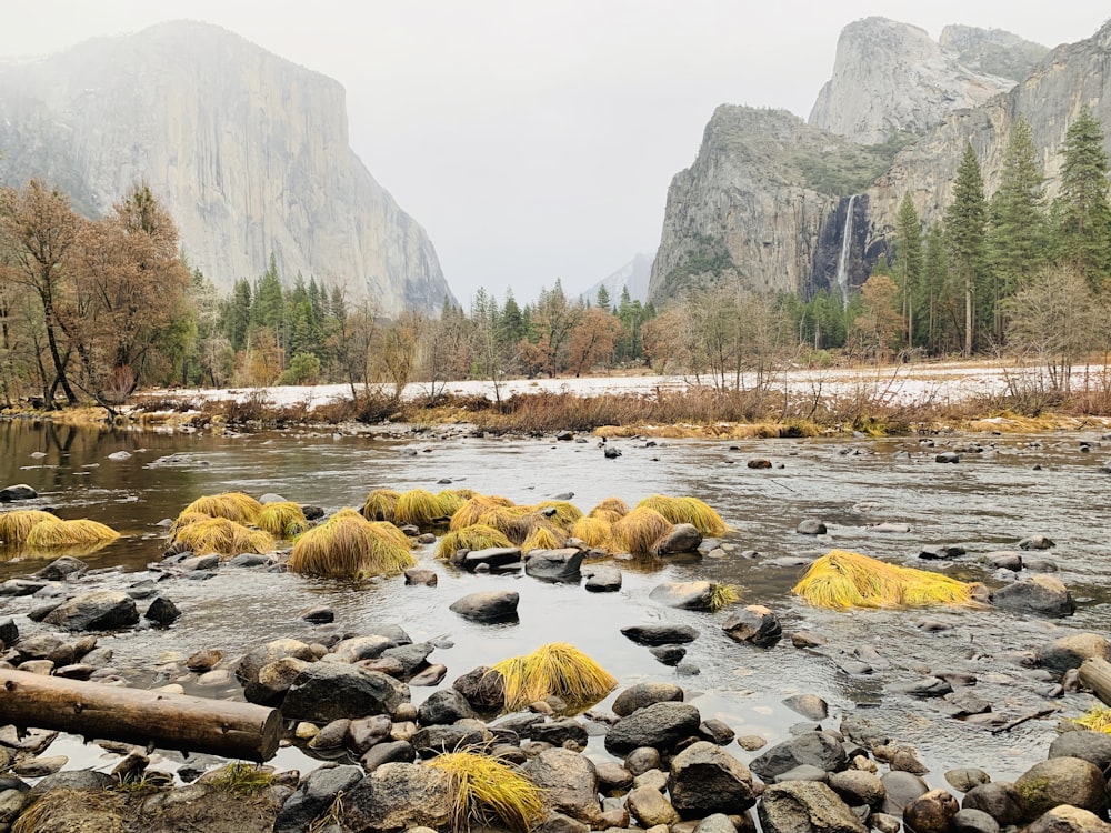 brown rocky mountain beside river during daytime