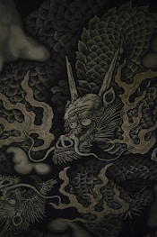 black and beige dragon-printed textile