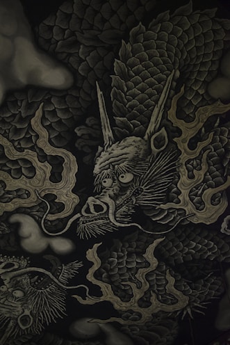 black and beige dragon-printed textile