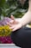 A close-up of a person's hand in a meditative position, with fingers gently touching to form a mudra. The background is filled with blurred, vibrant flowers, including yellow and purple blooms, suggesting an outdoor setting.