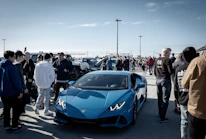Happy participants enjoying the classic car show and vineyard scenery.
