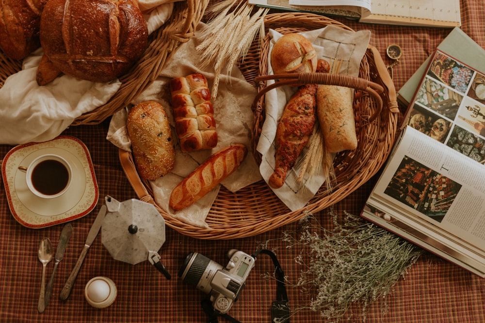 baked breads in basket