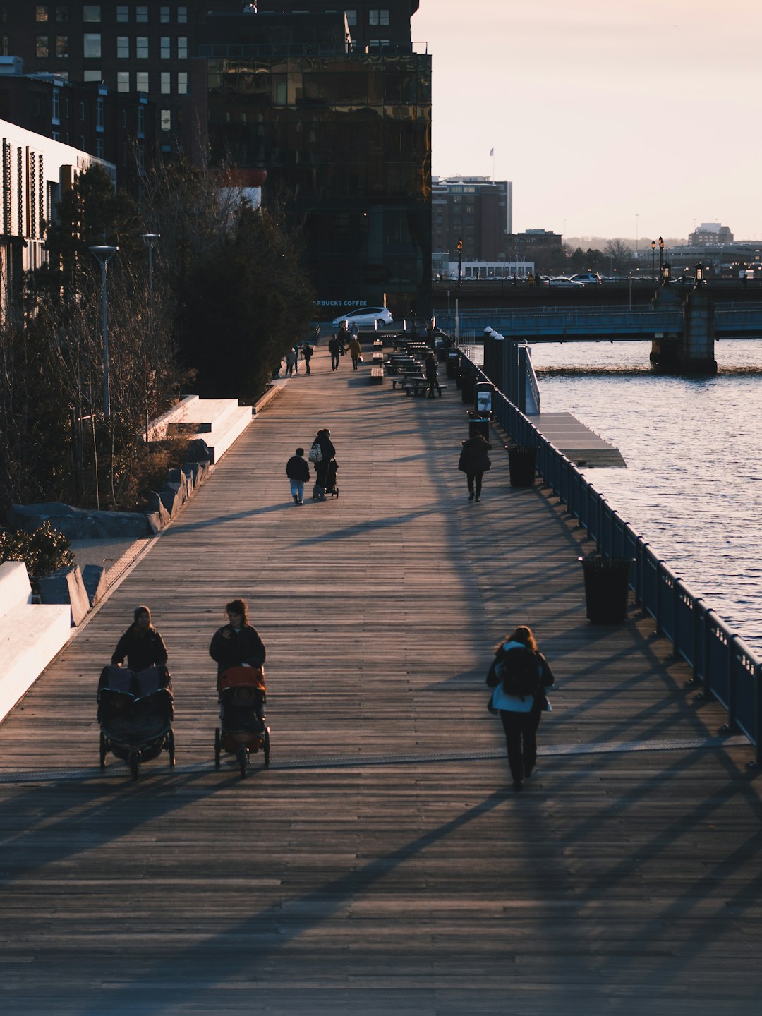 people walking on wooden platform beside body of water