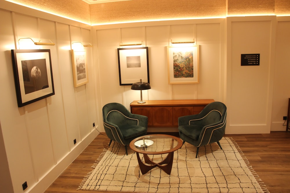 a living room with two chairs and a coffee table