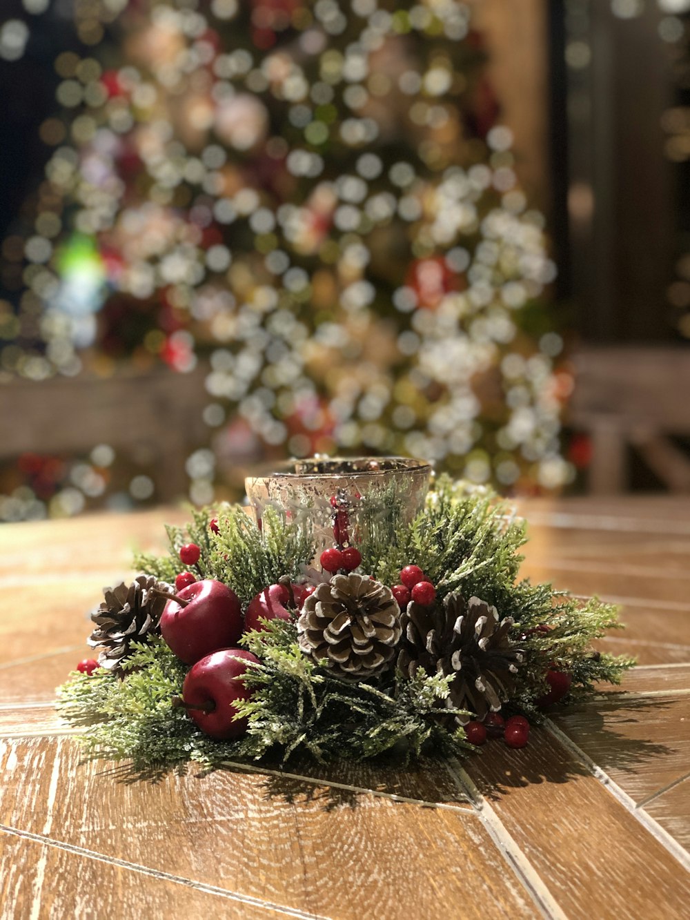 red baubles on brown wooden table