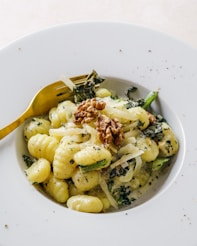 pasta dish on white ceramic bowl
