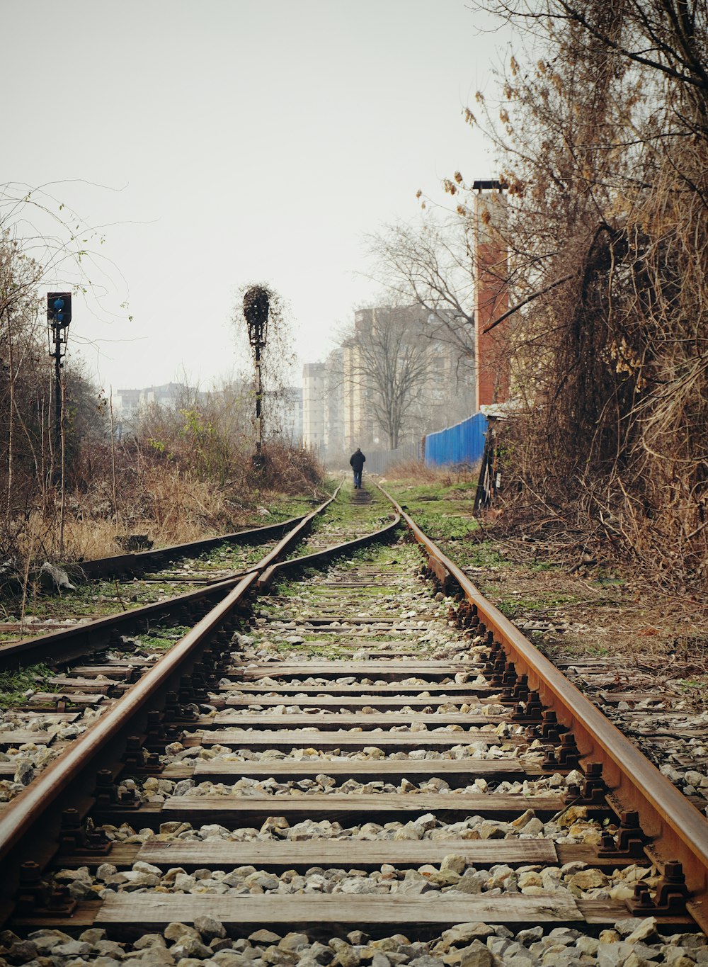 una vía de tren con una persona caminando sobre ella