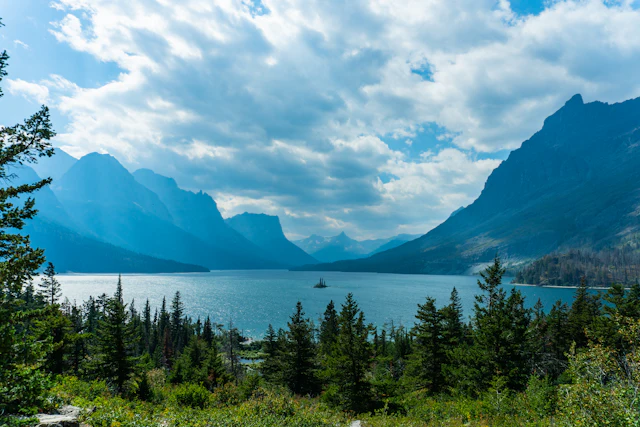 Lake Josephine framed by peaks in Glacier National Park, Montana