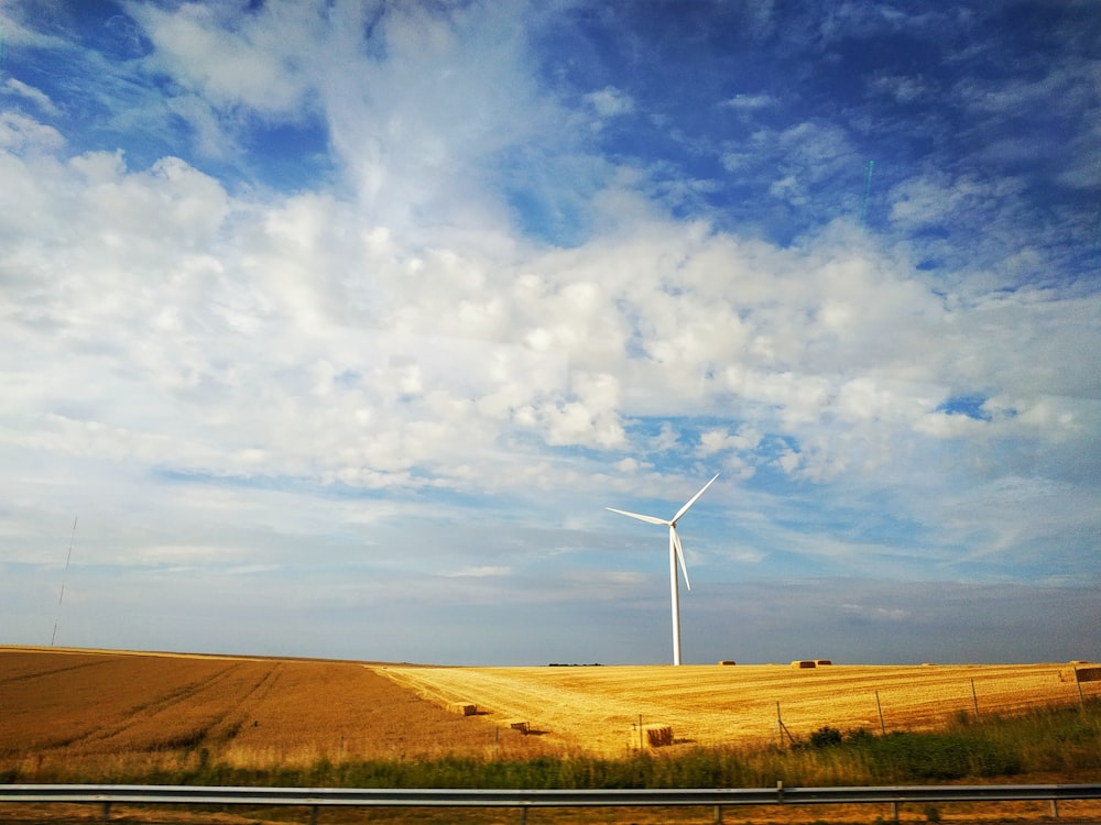 a field with a wind turbine in the distance