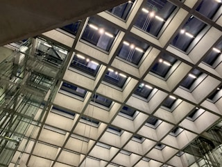 An architectural structure featuring a grid-like ceiling design with rectangular windows allowing light to enter. The ceiling is composed of concrete frames, and there is a visible elevator shaft with glass panels on the left side.
