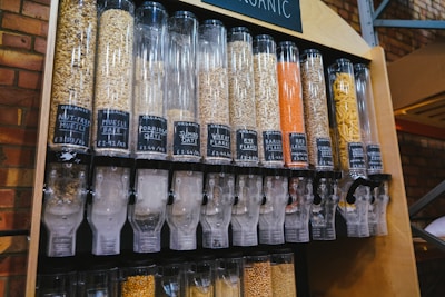 A selection of organic grains and cereals in eco-friendly packaging.