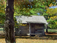A rustic cabin porch with rocking chairs and a fire pit surrounded by autumn leaves.