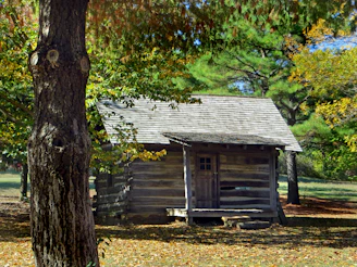 A rustic cabin porch with rocking chairs and a fire pit surrounded by autumn leaves.
