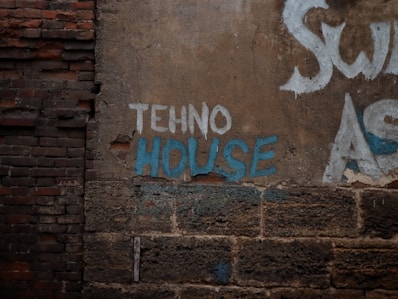 Graffiti on a brick wall features the words 'TEHNO HOUSE' painted in white and blue. The wall shows signs of weathering and wear, with peeling paint and rough textures.