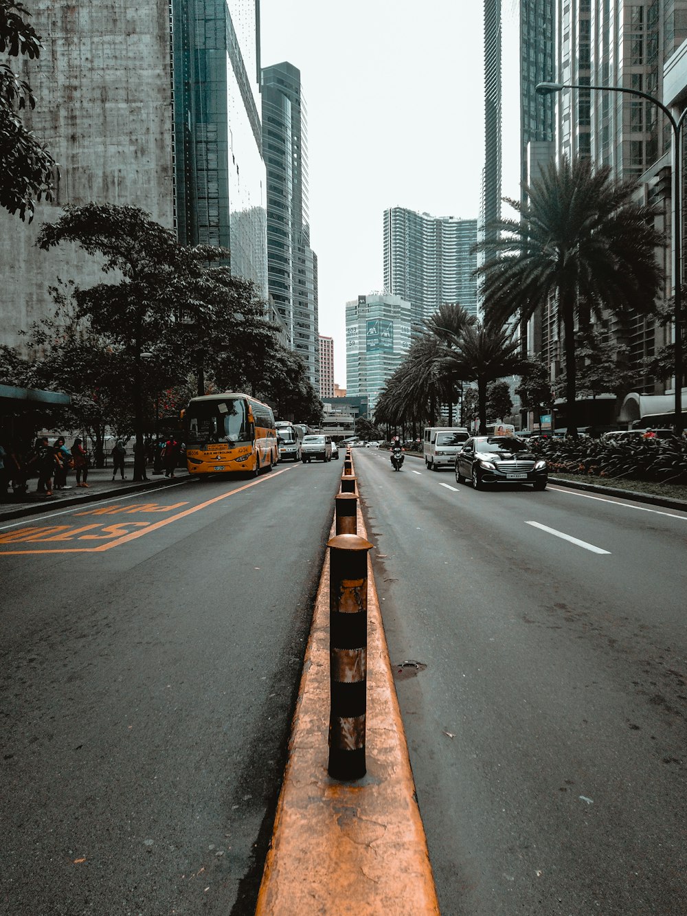 cars on road between high rise buildings during daytime