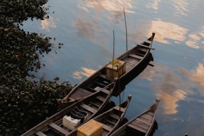 Wooden boats are moored on a calm water surface, reflecting a cloud-dappled sky. Yellow crates and other items are visible on the boats. Lush greenery lines the edge of the water, adding a natural border.