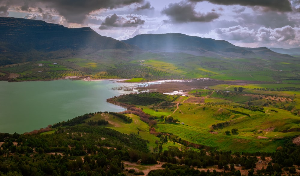 green grass field near body of water under cloudy sky during daytime