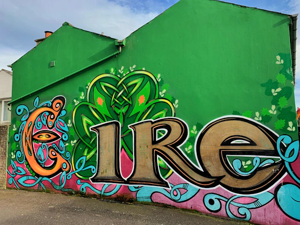 green yellow and red graffiti spelling out Eire