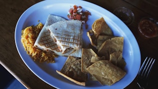 A colorful plate of quesadilla and fries ready to be served.