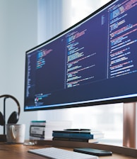 a computer monitor sitting on top of a wooden desk