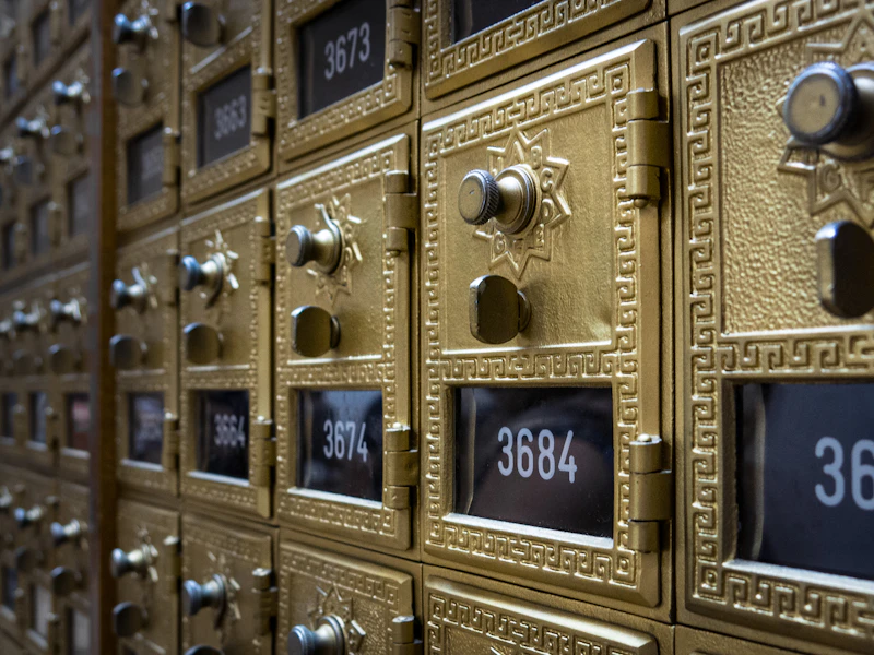 Rows of numbered brass post-office boxes
