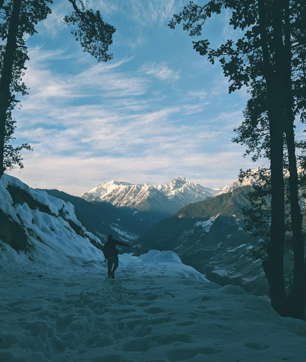 a person walking in the snow between two trees