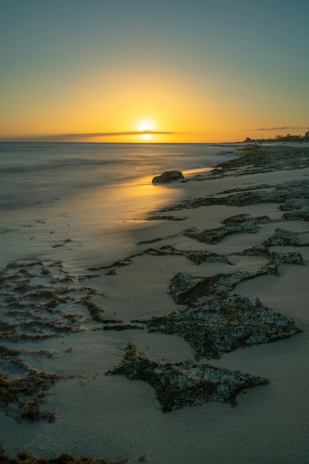 brown rocks on seashore during sunset