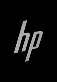 The image displays a stylized lowercase 'hp' logo in white color against a black background.