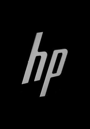 The image displays a stylized lowercase 'hp' logo in white color against a black background.