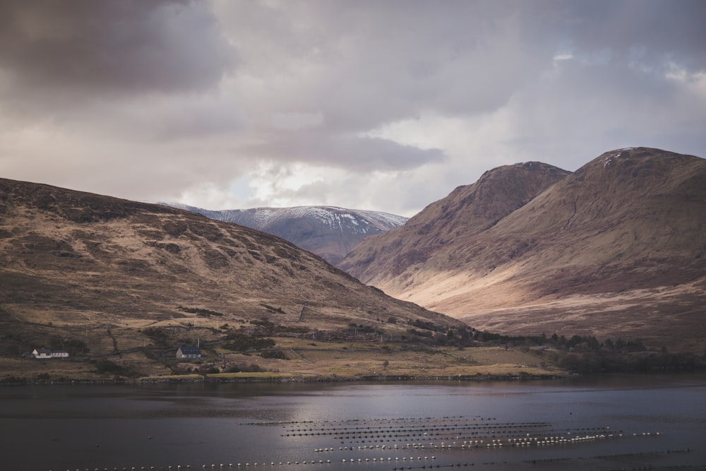 a lake surrounded by mountains under a cloudy sky