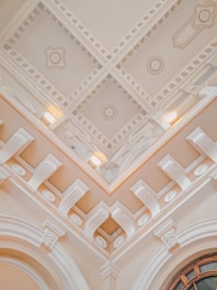 Elegant ceiling with decorative plasterwork and recessed lighting in a living room.