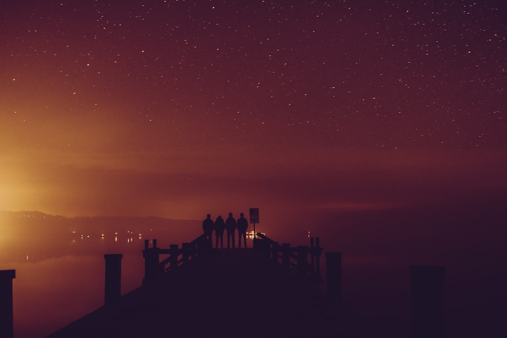 a group of people standing on top of a pier under a night sky