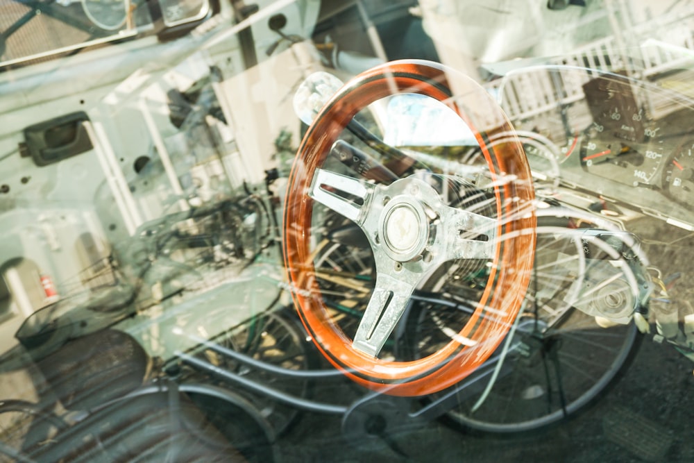 a car steering wheel in a display case