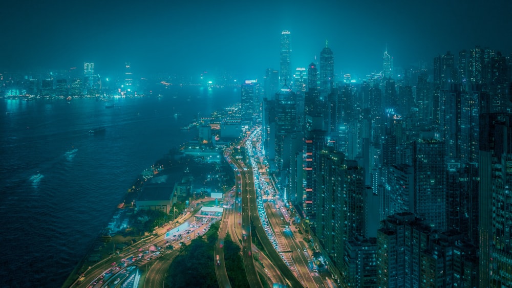 an aerial view of a city at night