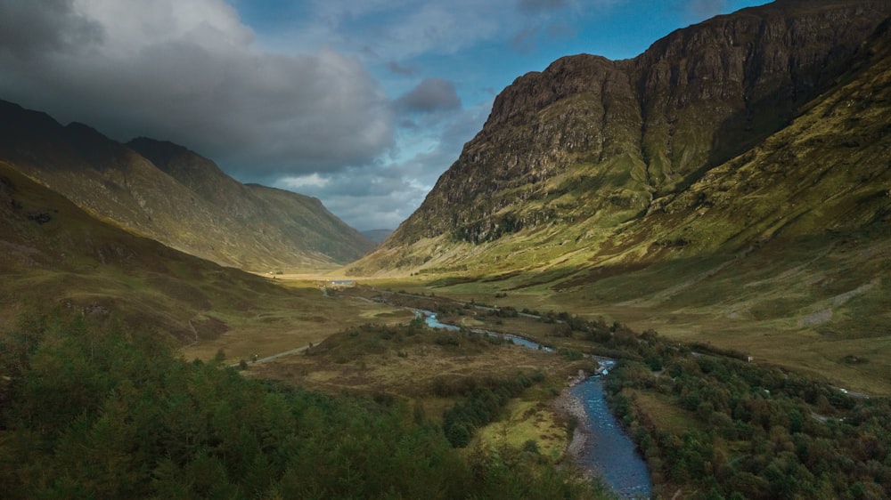 a river running through a lush green valley