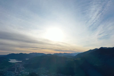 A clickable photo of a serene landscape with a sunset over mountains.