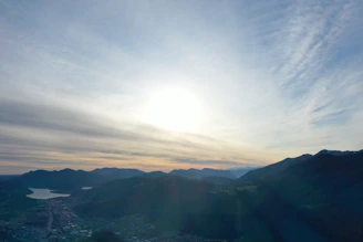 A clickable photo of a serene landscape with a sunset over mountains.