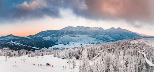 Cinematic aerial panorama of mountain tourism resort surrounded by forest