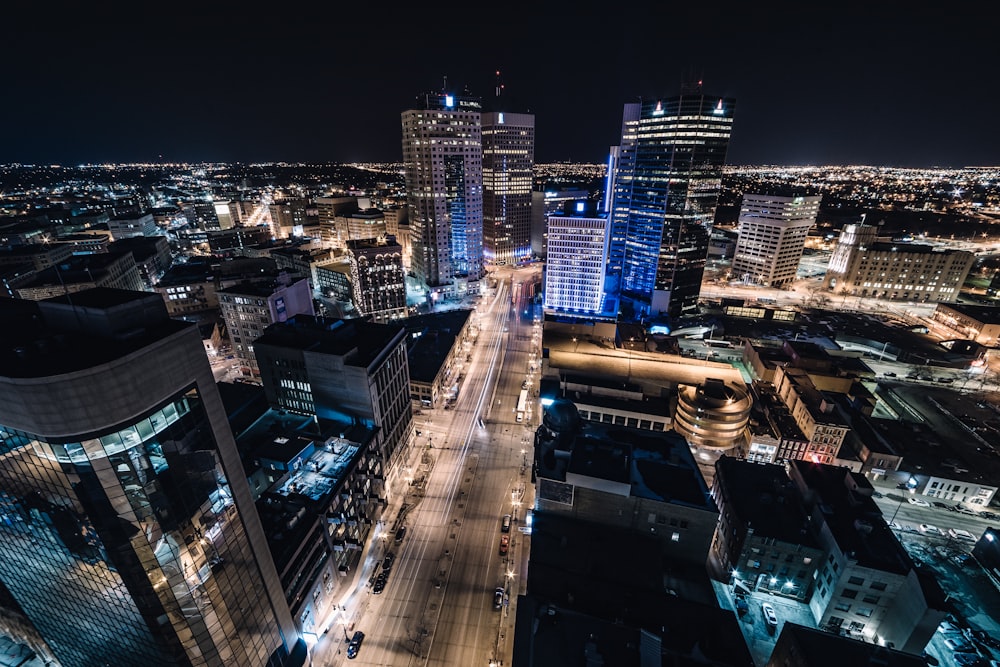 aerial view of city buildings during night time