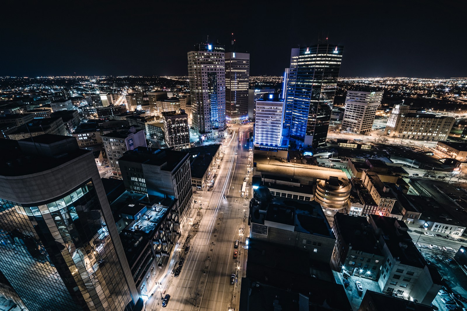 aerial view of downtown Winnipeg at night