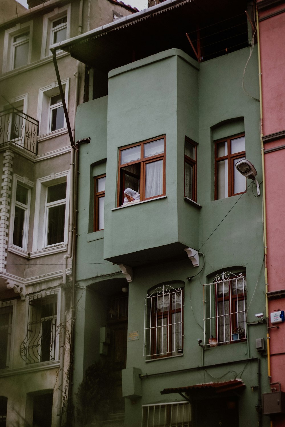 a bird is perched on the ledge of a building