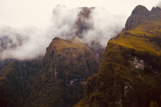 green and brown mountain with white clouds in Funchal Portugal