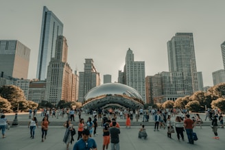 A group of people enjoying a public art event in a park.