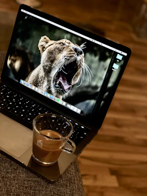 A cozy workspace with a laptop open to the 'liam legacy services llc' blog contact page, surrounded by lion-themed decor.