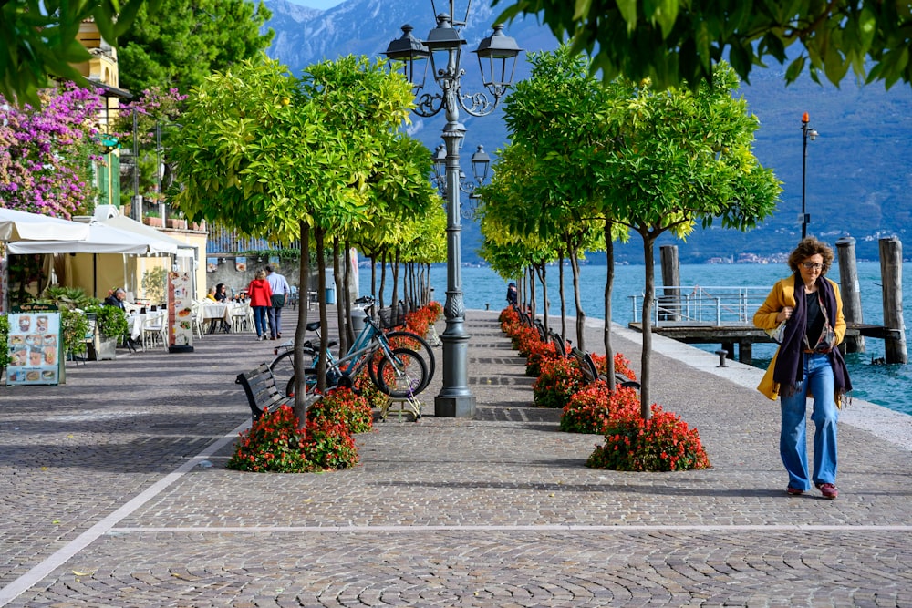 black bicycle parked on sidewalk near body of water during daytime