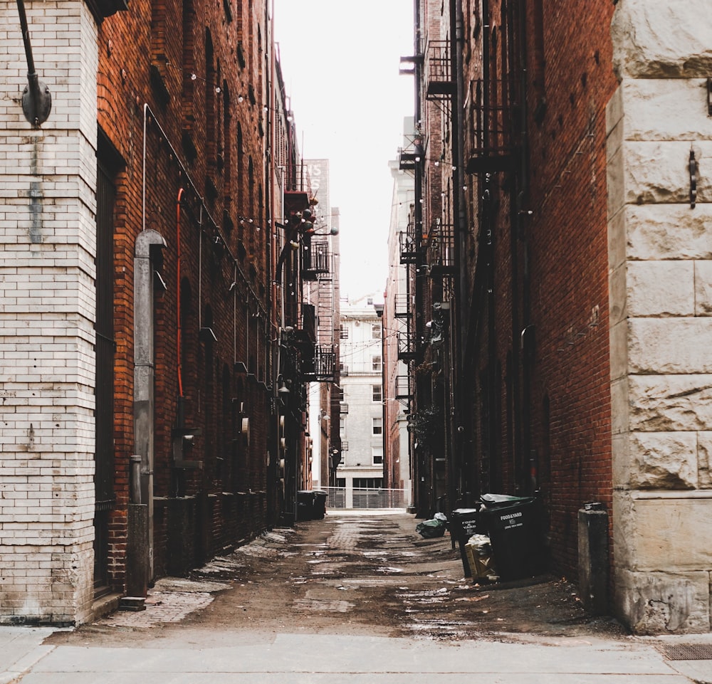 black wooden bench in between brown brick buildings during daytime