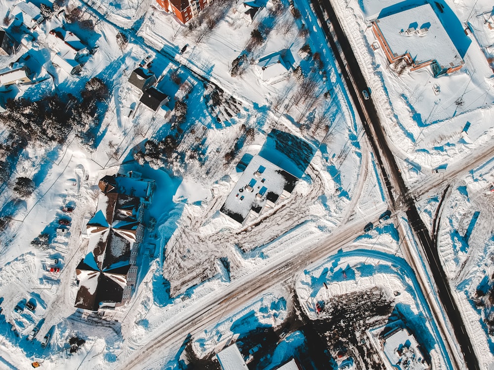 an aerial view of a city in winter