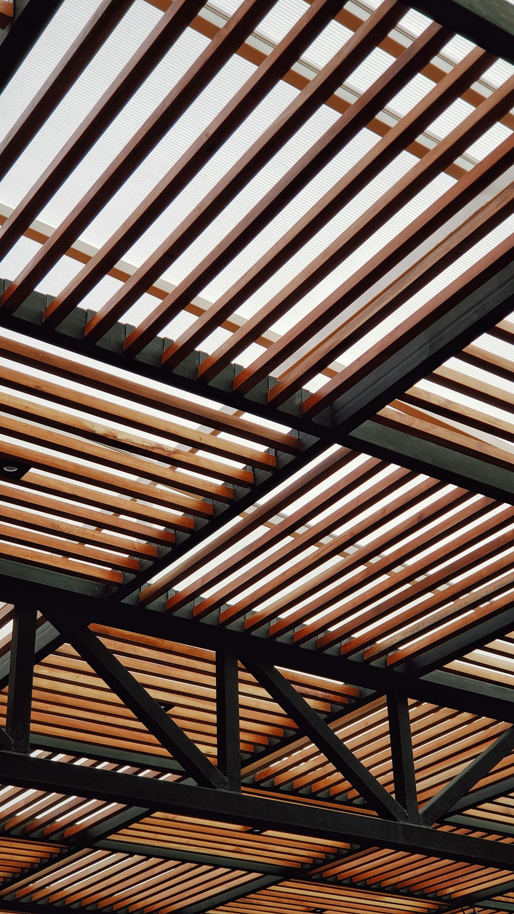 brown wooden ceiling with light fixture