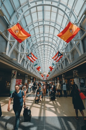 A spacious, well-lit airport corridor lined with various international flags hanging from the ceiling. People of diverse backgrounds are walking, carrying luggage, and pushing strollers. The area is bustling with travelers and the glass ceiling allows natural light to flood the space.