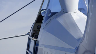 Close-up of the sleek nose and cockpit of a B37400F cargo aircraft.